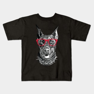 Doberman Nerd Red Glasses Kids T-Shirt